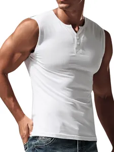 Casual men's white sleeveless Henley T-shirt tank top, slim fit for vacation style