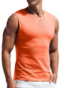 Men's bright orange sleeveless Henley tank top casual slim fit cotton vest for holiday wear