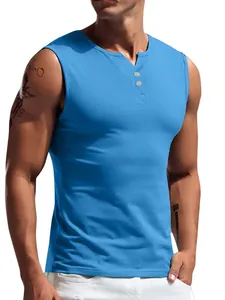Men's stylish blue sleeveless Henley tank top shirt for casual vacation and summer wear