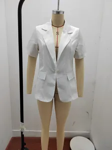 Detail view of a white short-sleeved blazer with notch lapels on a fashion mannequin