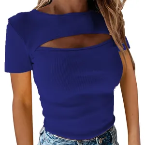 Detailed view of women's blue ribbed short sleeve top with sexy chest cutout design