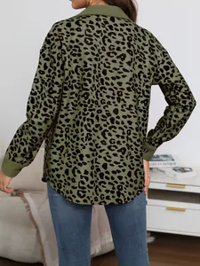 Detailed back view of a green leopard print corduroy jacket with a relaxed fit for women