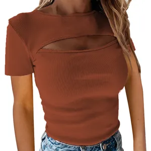 Detailed view of women's brown ribbed short sleeve top featuring a sexy chest cutout