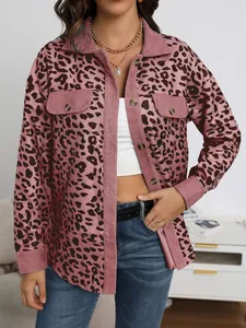 Close-up of pink leopard print corduroy jacket with button details and chest pockets.