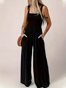 Elegante tuta nera senza maniche a gamba larga con vita alta per donne alla moda