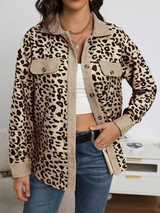 Detailed shot of leopard print corduroy jacket with single-breasted buttons