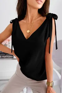 Haut noir élégant à col en V avec des nœuds de cravate aux épaules pour un look rétro