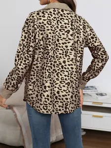 Back view of a leopard print corduroy jacket with a loose fit and long sleeves