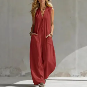 Mono Casual sin Mangas con Cuello en V para Mujer de Pierna Ancha de Poliéster de Punto con Bolsillos y Botones de Madera Verano Top And Bottom