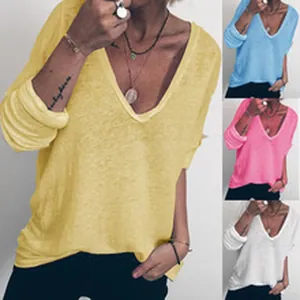 Casual damestop met lange mouwen en V-hals in diverse effen kleuren zoals geel