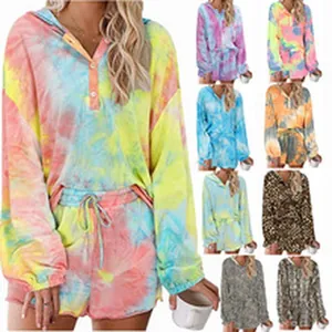 Dames zomer tie-dye en luipaardprint casual loungewear set met hoodie en korte broek