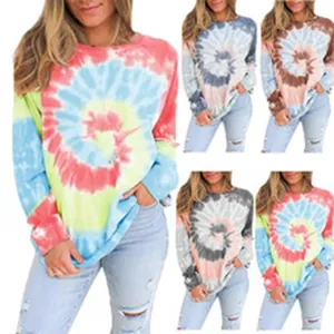 Casual dames sweatshirt met lange mouwen en spiraalvormig tie-dye patroon in kleuren