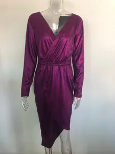Elegant purple sparkly V-neck long sleeve formal evening gown for women.