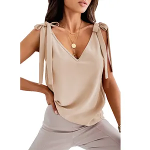 Élégant caraco beige à col en V pour femme avec bretelles nouées réglables et chic