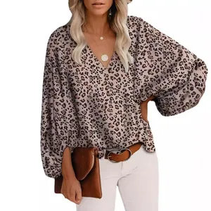 Elegante Damenbluse mit Leopardenmuster, V-Ausschnitt und langen Laternenärmeln für Sommer
