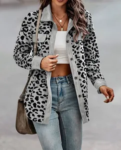 Detail shot of a women's leopard print corduroy jacket with single-breasted design