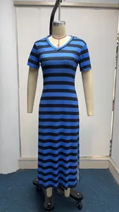 Blue and black horizontal striped short-sleeved maxi dress with V-neck and side slit