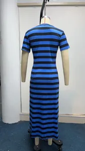 Back detail view showing the striped pattern of this blue and black short sleeve maxi dress