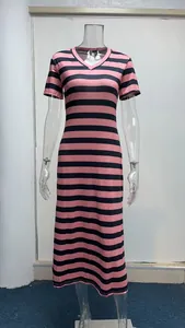 Detailed view of pink and black striped short sleeve V-neck maxi dress on mannequin