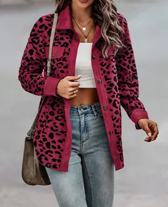 Detailed close-up of stylish women's leopard print corduroy jacket with buttons