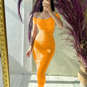 Elegant bright orange off-the-shoulder ruched maxi bodycon dress for women's summer style