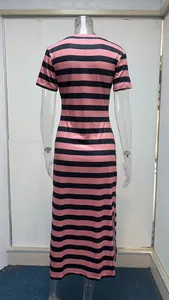 Back view of pink and black striped short sleeve maxi dress with side slit detail