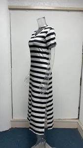 Black and white horizontal striped V-neck maxi dress with side slits and short sleeves