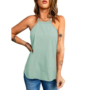 Elegante canotta allacciata al collo verde menta, top estivo casual ampio da donna