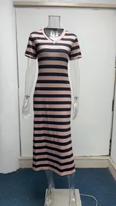 Full length view of a pink and navy blue striped V-neck maxi dress on a mannequin
