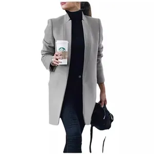 Elegante grijze wollen jas voor dames met opstaande kraag voor herfst- en wintermode.
