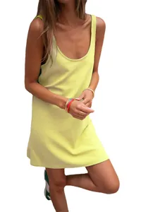 Comfortable loose waffle knit sleeveless tank dress in pale yellow for casual summer wear