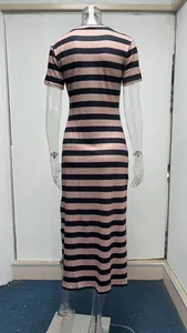 Back view of pink and black horizontal striped short sleeve maxi dress on mannequin