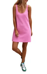 Detailed close-up view of pink waffle knit sleeveless tank dress with loose fit