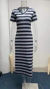 Elegant black and white horizontal striped V-neck short sleeve maxi dress for summer