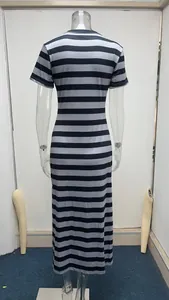 Back view of a casual black and grey striped short sleeve maxi dress on a clear mannequin