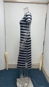 Detailed side view of a summer striped short-sleeve maxi dress featuring a stylish side slit