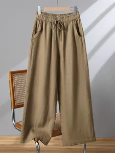 High-quality khaki cotton linen wide-leg trousers featuring comfortable elastic drawstring waist