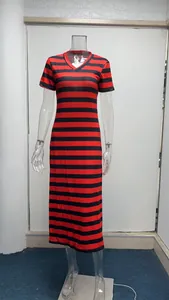 Red and black horizontal striped short sleeve V-neck maxi dress on transparent mannequin
