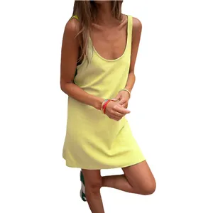 Casual lime green waffle knit sleeveless loose tank mini dress for women outdoors