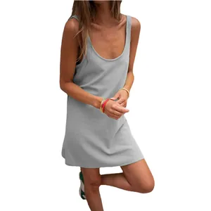 Comfy grey waffle knit sleeveless loose fit mini dress for casual summer wear