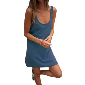 Relaxed fit women's sleeveless blue waffle knit tank dress for casual summer fashion