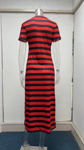 Back view of red and black horizontal striped short sleeve maxi dress on mannequin