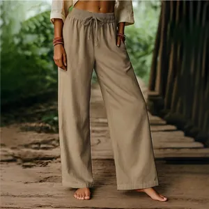 Women's Elegant Casual Polyester Wide Leg Pants High Waist Drawstring Solid Color Loose Straight Ankle Length Trousers