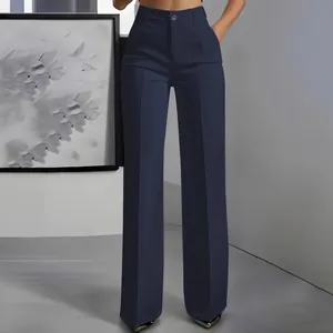 High-waist drape straight simple suit trousers for women in deep dark blue color