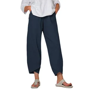 High waist women's navy blue cotton linen wide-leg cropped pants with asymmetric hem design