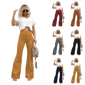 Detail view of women's high waist corduroy flare pants in multiple colors