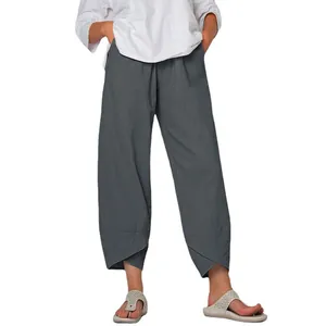 Women's casual cotton linen wide-leg pants in solid gray with high waist and cropped cut