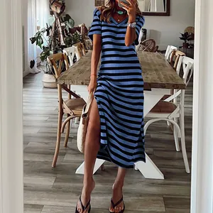 Summer blue and black striped maxi dress with V-neck and high side slit detail.