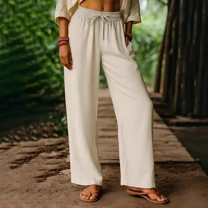 Casual white cotton linen wide-leg trousers with elastic drawstring waist for summer