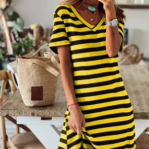Casual V-neck yellow and black striped loose fit summer T-shirt dress for women